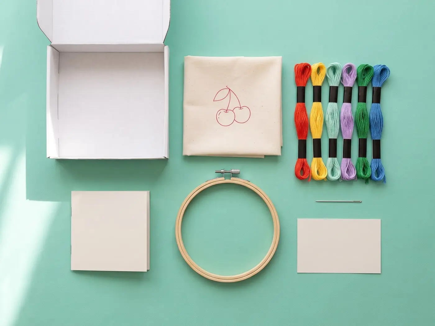 La boîte d'un kit ouverte, vue de dessus : toile imprimée, tambour, fils, aiguilles, notice et tuto vidéo