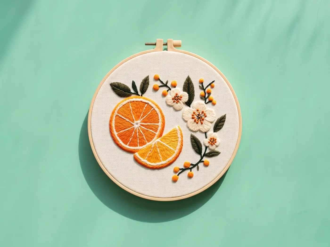 Tambour brodé de tranches d'orange et de fleurs blanches, posé sur un papier menthe