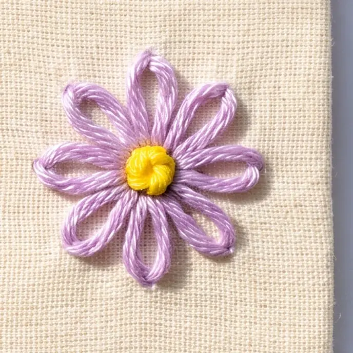 Le point de marguerite en gros plan sur la toile : des boucles disposées en fleur